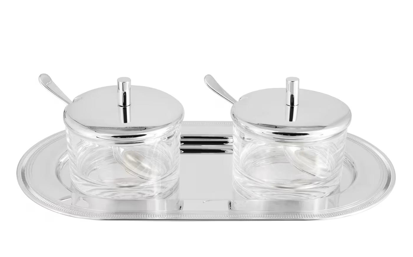 Май жиынтығы табақшамен Silver Jam Pot Duo
