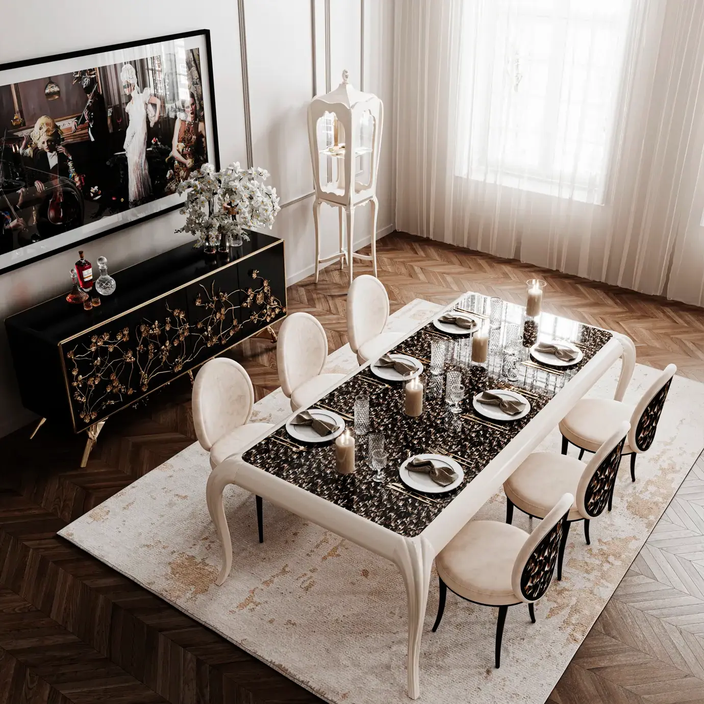 Обеденный стол с отделкой из экзотических перьев Mistral