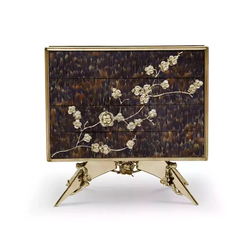 Тумба прикроватная с отделкой фиолетовыми перьями Mirage