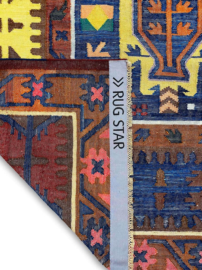 Сәнді көк және қызыл түсті кілем Flatweave | Өлшемі: 140 x 210 см