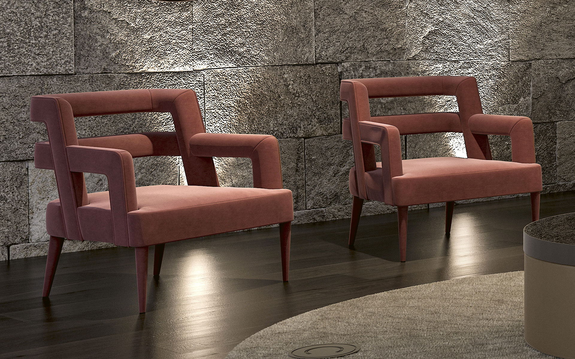 Кресло с обивкой розового цвета