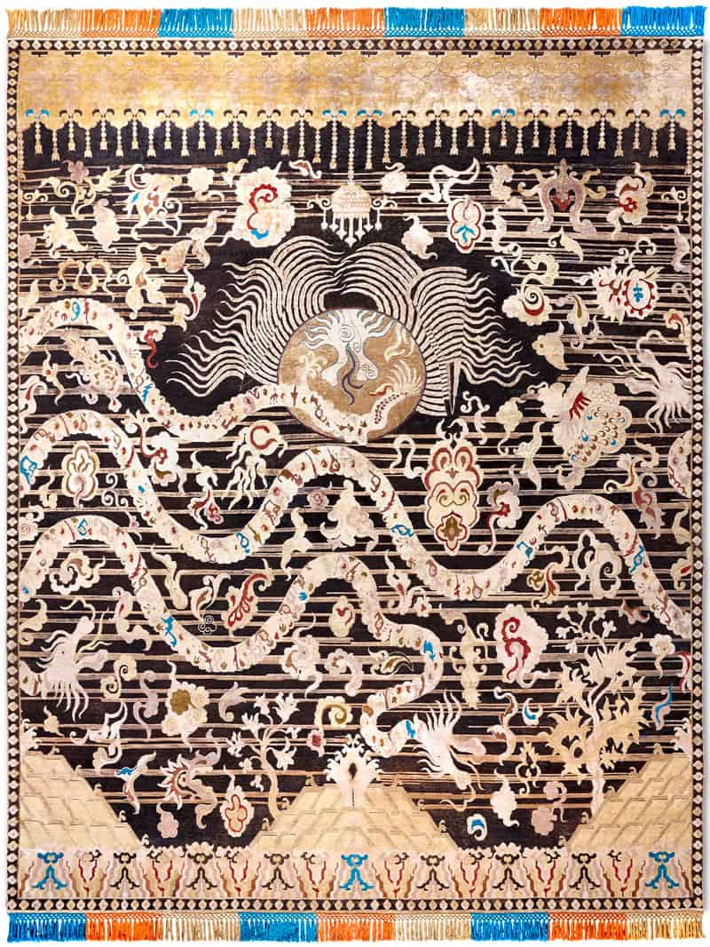 Қара және алтын түсті Dragon қолмен жасалған кілем | Өлшемі: 170 x 240 см