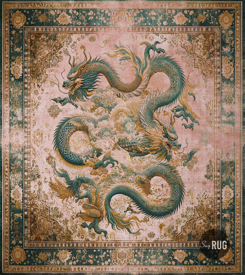 Ковер с узором дракона, зеленый-розовый Dragon