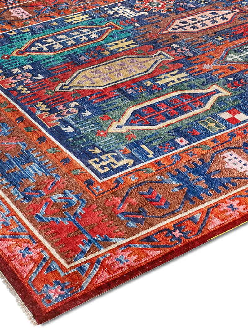 Сәнді көк және қызыл түсті кілем Flatweave | Өлшемі: 140 x 210 см