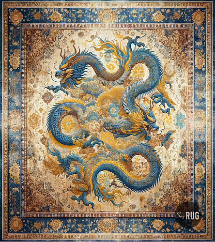 Ковер с узором дракона, синий-золотой Dragon